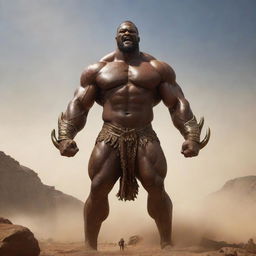 An imaginative visualization inspired by the continent of Africa personified as a giant Hercules, displaying strength and valor