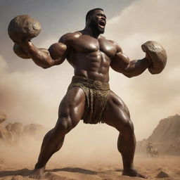 An imaginative visualization inspired by the continent of Africa personified as a giant Hercules, displaying strength and valor