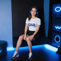 A woman named 'D3WI' in a white crop top and black mini skirt sitting in a blue-black, 3D-animated, illuminated gaming room adorned with 'OVR D3WI' script. She is wearing white headphones and shoes, exuding a cute ambiance.