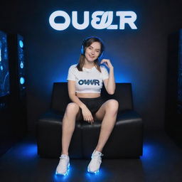 A woman named 'D3WI' in a white crop top and black mini skirt sitting in a blue-black, 3D-animated, illuminated gaming room adorned with 'OVR D3WI' script. She is wearing white headphones and shoes, exuding a cute ambiance.