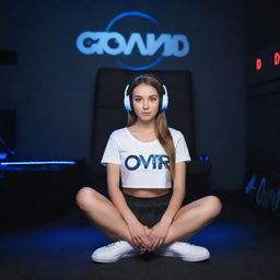 A woman named 'D3WI' in a white crop top and black mini skirt sitting in a blue-black, 3D-animated, illuminated gaming room adorned with 'OVR D3WI' script. She is wearing white headphones and shoes, exuding a cute ambiance.