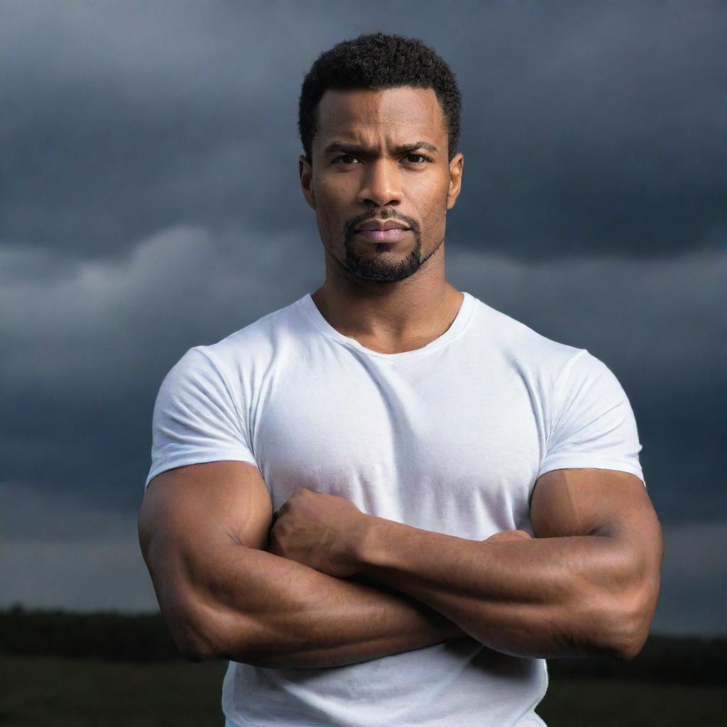 A powerful man in a strong pose with a confident expression in a dramatic setting.