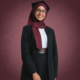 Generate a Disney Pixar style movie poster featuring a young woman with round frame glasses. She's adorned in a black suit, black skirt, white shirt underneath, phantom shoes, a maroon hijab, and flaunts a matching maroon graduation sash.