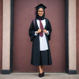 Generate a Disney Pixar style movie poster featuring a young woman with round frame glasses. She's adorned in a black suit, black skirt, white shirt underneath, phantom shoes, a maroon hijab, and flaunts a matching maroon graduation sash.