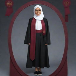 Generate a Disney Pixar style movie poster featuring a young woman with round frame glasses. She's adorned in a black suit, black skirt, white shirt underneath, phantom shoes, a maroon hijab, and flaunts a matching maroon graduation sash.