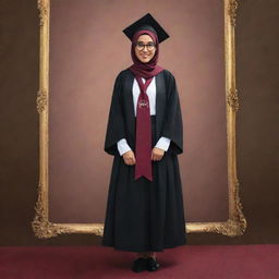 Generate a Disney Pixar style movie poster featuring a young woman with round frame glasses. She's adorned in a black suit, black skirt, white shirt underneath, phantom shoes, a maroon hijab, and flaunts a matching maroon graduation sash.