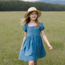 A young girl standing in a meadow with wildflowers, wearing a blue sundress and a straw hat, her hair flowing freely in the breeze.