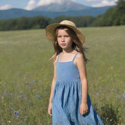 A young girl standing in a meadow with wildflowers, wearing a blue sundress and a straw hat, her hair flowing freely in the breeze.