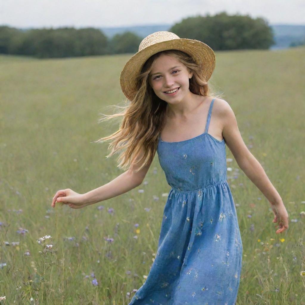 A young girl standing in a meadow with wildflowers, wearing a blue sundress and a straw hat, her hair flowing freely in the breeze.