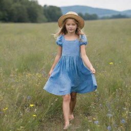 A young girl standing in a meadow with wildflowers, wearing a blue sundress and a straw hat, her hair flowing freely in the breeze.