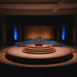 Grand amphitheater stage set for a declamation event, adorned with spotlights, lectern in center, and audience seating in layers.