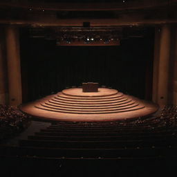 Grand amphitheater stage set for a declamation event, adorned with spotlights, lectern in center, and audience seating in layers.