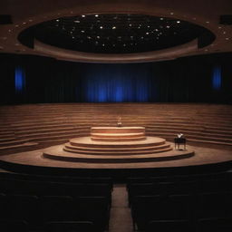 Grand amphitheater stage set for a declamation event, adorned with spotlights, lectern in center, and audience seating in layers.