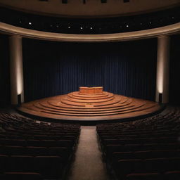 Grand amphitheater stage set for a declamation event, adorned with spotlights, lectern in center, and audience seating in layers.