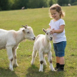 A joyful child interacting with a large, friendly goat in a sunny meadow.