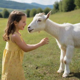 A joyful child interacting with a large, friendly goat in a sunny meadow.