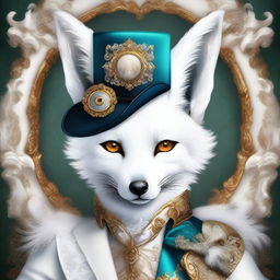 This is a high-quality digital art image featuring a fantasy white fox, portrayed in a detailed baroque costume