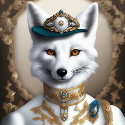 This is a high-quality digital art image featuring a fantasy white fox, portrayed in a detailed baroque costume