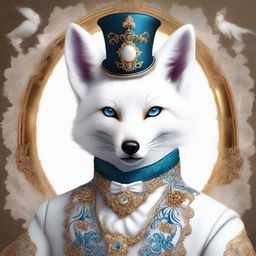 This is a high-quality digital art image featuring a fantasy white fox, portrayed in a detailed baroque costume