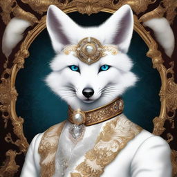 This is a high-quality digital art image featuring a fantasy white fox, portrayed in a detailed baroque costume