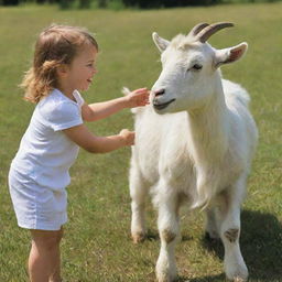 A joyful child interacting with a large, friendly goat in a sunny meadow.