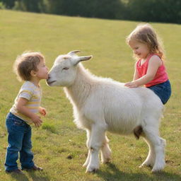 A joyful child interacting with a large, friendly goat in a sunny meadow.