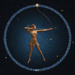 An elaborate representation of the Sagittarius zodiac sign in a starry sky with its distinct bow and arrow constellation.