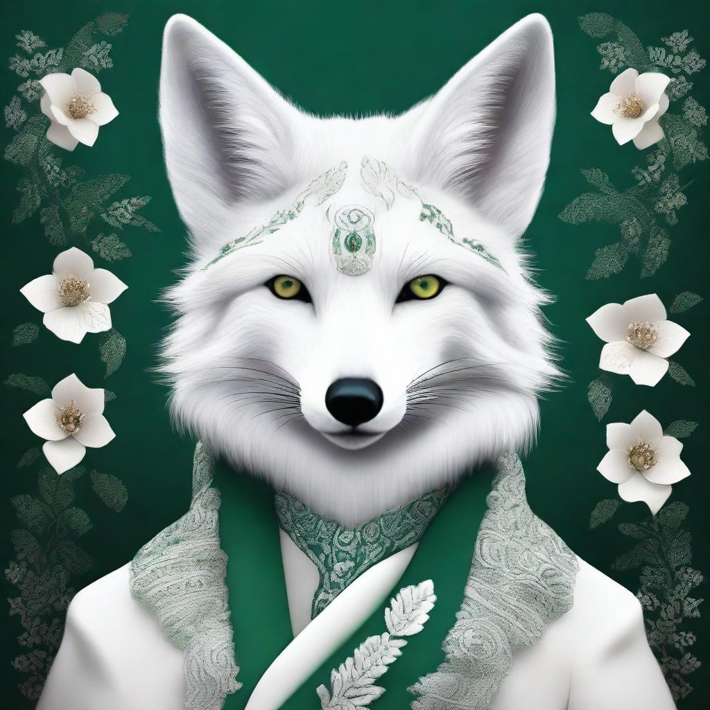 A high-resolution digital art image showcases a wise, fantasy white fox