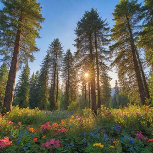 Generate a rich, verdant nature background with a mix of towering trees, colourful flowers, and a clear blue sky, all illuminated by the warm glow of the setting sun.