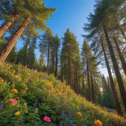 Generate a rich, verdant nature background with a mix of towering trees, colourful flowers, and a clear blue sky, all illuminated by the warm glow of the setting sun.