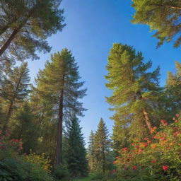 Generate a rich, verdant nature background with a mix of towering trees, colourful flowers, and a clear blue sky, all illuminated by the warm glow of the setting sun.