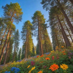 Generate a rich, verdant nature background with a mix of towering trees, colourful flowers, and a clear blue sky, all illuminated by the warm glow of the setting sun.