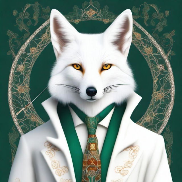 This is a top-quality digital art image, presenting a wise, fantasy white fox with striking amber eyes