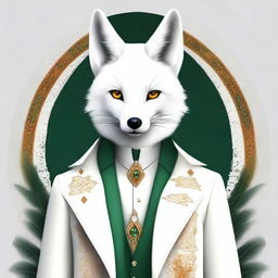 This is a top-quality digital art image, presenting a wise, fantasy white fox with striking amber eyes