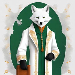 This is a top-quality digital art image, presenting a wise, fantasy white fox with striking amber eyes