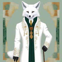 This is a top-quality digital art image, presenting a wise, fantasy white fox with striking amber eyes