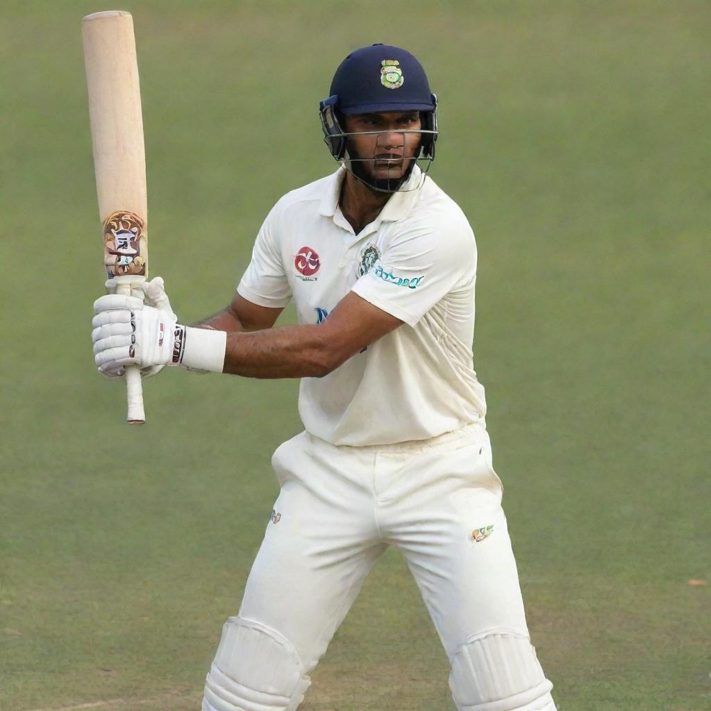 A professional cricketer wearing a jersey with the name 'Ayan' emblazoned on the back. The cricketer is in action, swinging a cricket bat with intensity and focus.