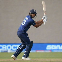 A professional cricketer wearing a jersey with the name 'Ayan' emblazoned on the back. The cricketer is in action, swinging a cricket bat with intensity and focus.