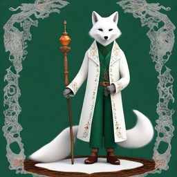 This digital art image portrays a smart, wise fantasy white fox with amber eyes, walking on a table