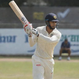 A professional cricketer wearing a jersey with the name 'Ayan' emblazoned on the back. The cricketer is in action, swinging a cricket bat with intensity and focus.