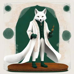 This digital art image portrays a smart, wise fantasy white fox with amber eyes, walking on a table