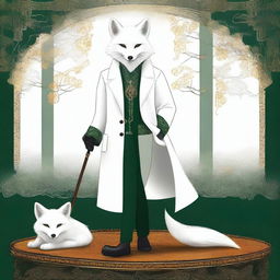 This digital art image portrays a smart, wise fantasy white fox with amber eyes, walking on a table