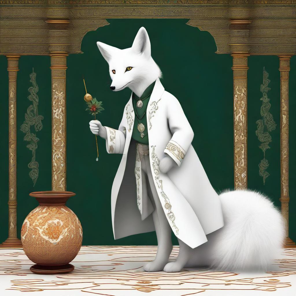 This digital art image portrays a smart, wise fantasy white fox with amber eyes, walking on a table