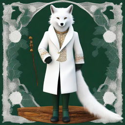 This is a realistic, high-quality digital art image featuring a wise, fantasy white fox with amber eyes