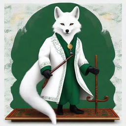 This is a realistic, high-quality digital art image featuring a wise, fantasy white fox with amber eyes