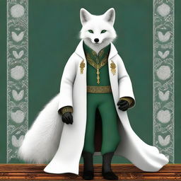 This is a realistic, high-quality digital art image featuring a wise, fantasy white fox with amber eyes