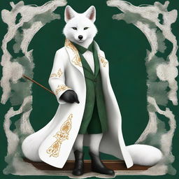 This is a realistic, high-quality digital art image featuring a wise, fantasy white fox with amber eyes