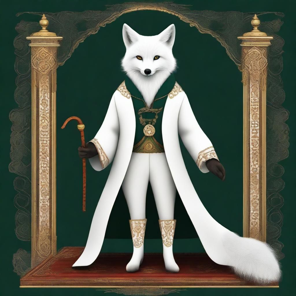 This is a realistic, high-quality digital art image of a wise, fantasy white fox with amber eyes