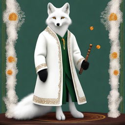 This is a realistic, high-quality digital art image of a wise, fantasy white fox with amber eyes