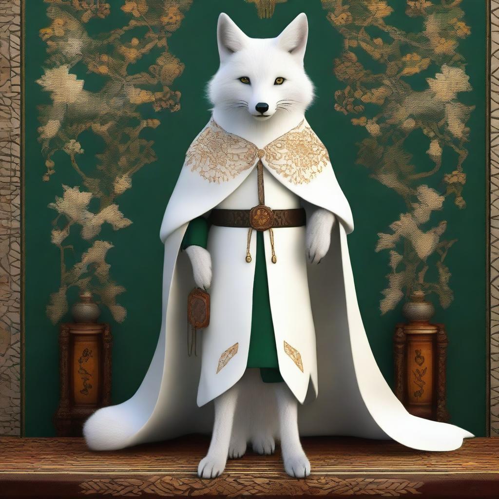 This is a realistic, high-quality digital art image of a wise, fantasy white fox with amber eyes